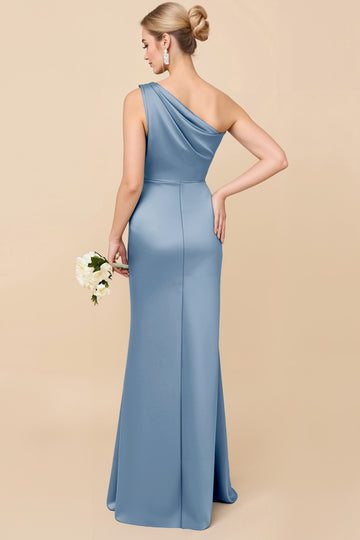 Dusty Blue One Shoulder Sheath Ruched Bridesmaid Dress